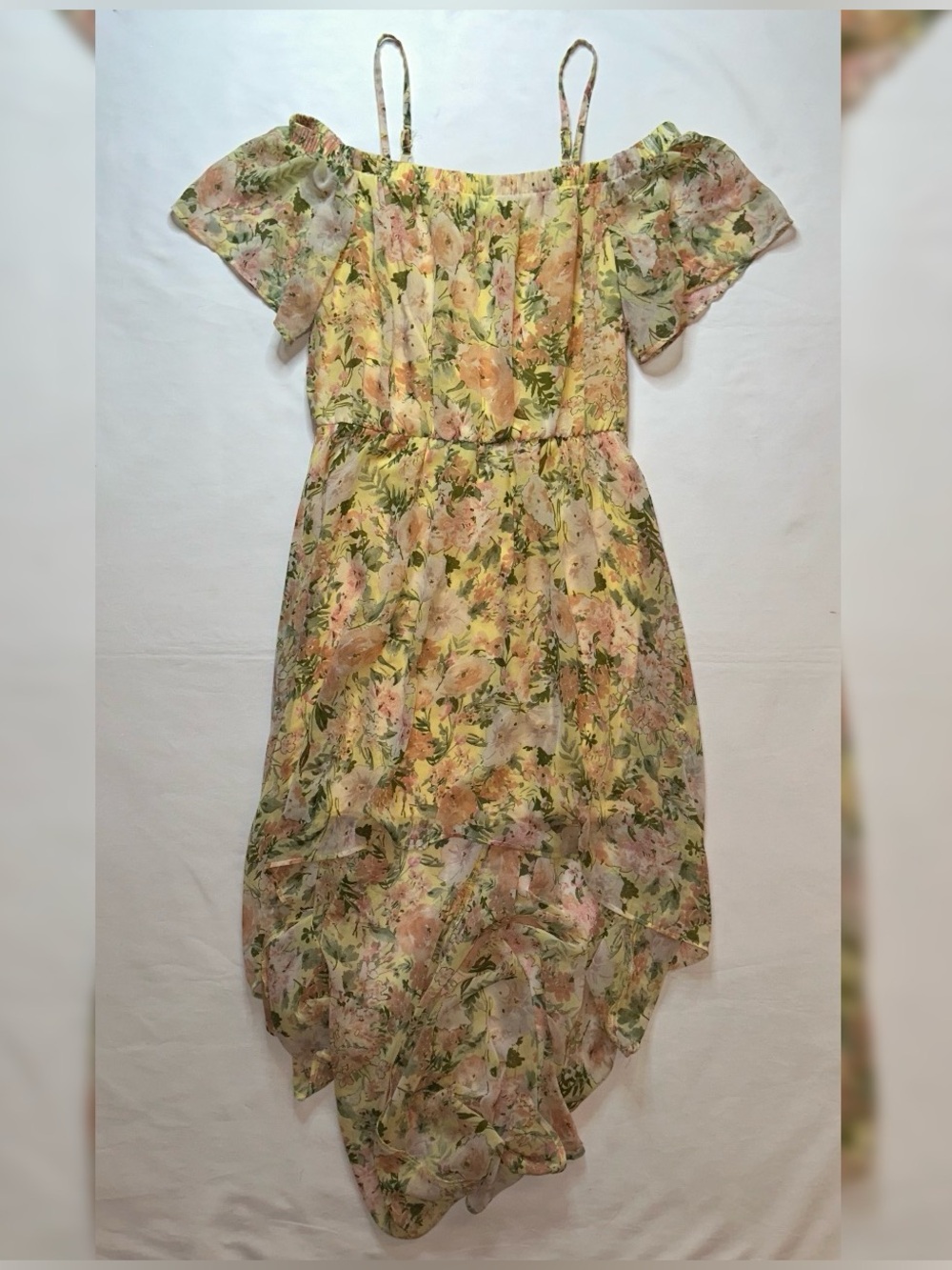 AS U Wish Yellow Floral Off Shoulder High Low Dress Flutter Sleeve Spring Size M